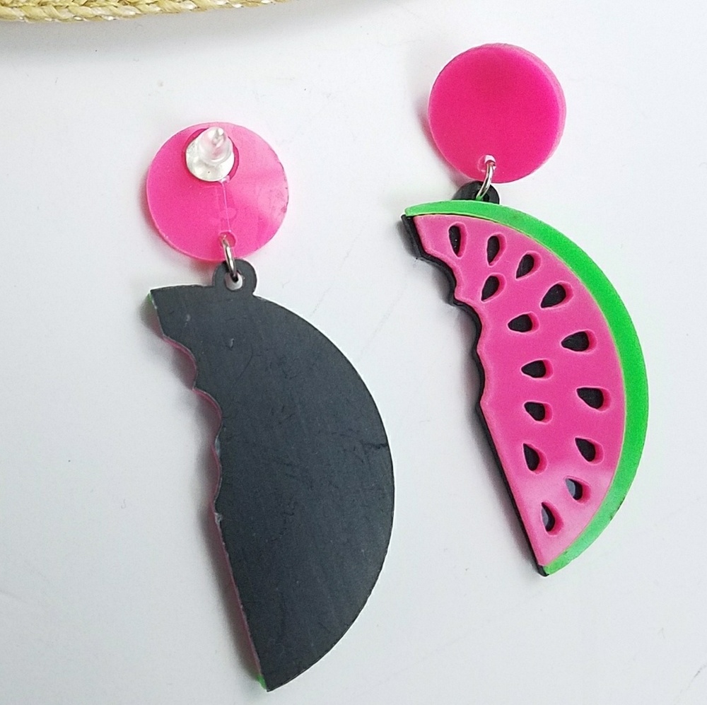 Watermelon Slice Acrylic Fruit Drop Post Earrings - Picture 4 of 7